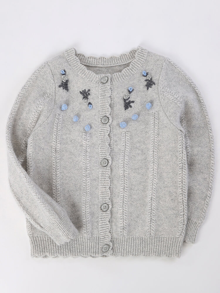 Kids Light Grey Floral Embroidery Cashmere Button-Up Cardigan